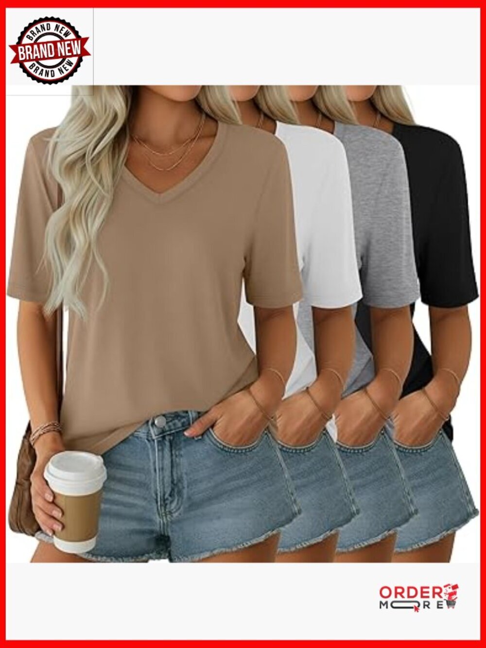 4 Pack Women's Half Sleeve V Neck Tops Elbow Length Loose Fit Shirts Casual Tees